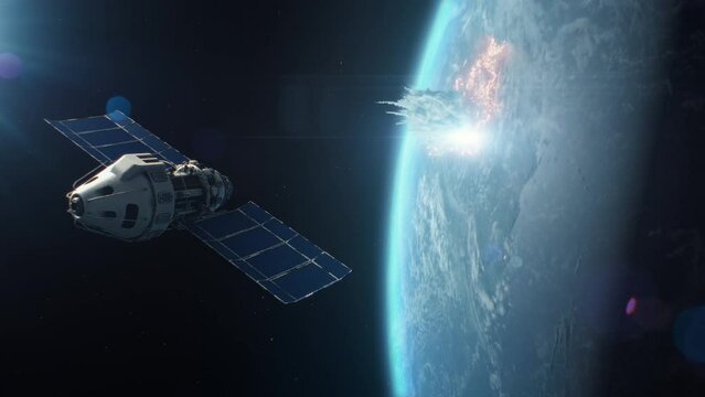 3D animation of satellite attacking Earth planet with laser weapon from the outer space. Destruction in cosmos from nuclear weapons. Geopolitical rivalry. Space threat of nuclear aggression and war.