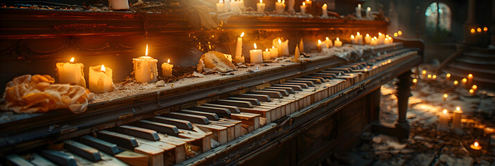 Fototapeta na wymiar Old Piano with Burning Candles and Candlesticks, A piano in the woods with candles on it 