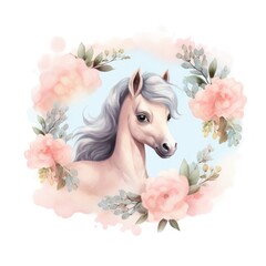 Obraz na płótnie Canvas A tiny pastel colored foal in a pink flower frame watercolor isolated on white background. Vector illustration