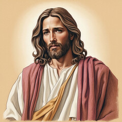 Portrait of Jesus Christ on beige background. Square