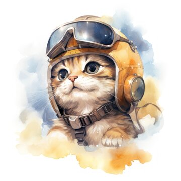 A cute cartoon cat wearing a helmet is boarding a plane watercolor isolated on white background. Vector illustration