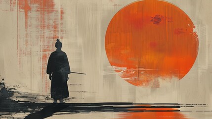 Japanese art with ancient design of man warrior with sword on background with big circle symbolizing rising sun. Illustration for cover, card, postcard, interior design, brochure or presentation.