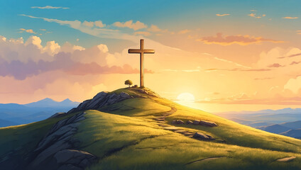 Cross on the hill. Christian banner