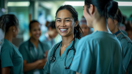 Smiling Latina Doctor Surrounded by Colleagues - obrazy, fototapety, plakaty