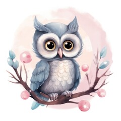 A light blue owl perched on a branch on a pink cloud background. Watercolor Vector illustration
