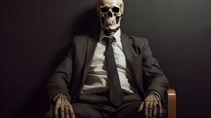 A skeleton in a business suit, symbolizing the emptiness of striving in life's corporate pursuit - obrazy, fototapety, plakaty