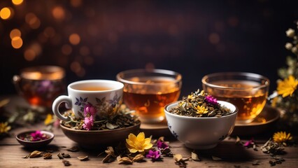 Herbal tea background. Tea cups with various dried tea leaves - obrazy, fototapety, plakaty