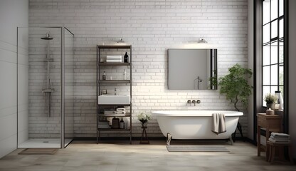 A serene and modern bathroom with white brick walls, an elegant bathtub, and wooden flooring, creating a calm and relaxing atmosphere.