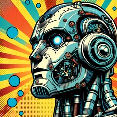 Vintage Robot Head with Rays Background