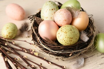 Easter card. Easter background with nest and eggs - 752522541