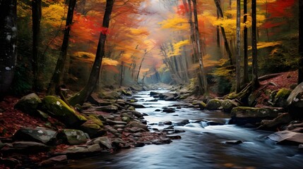 A scenic mountain stream amidst beautiful fall foliage. Vivid colors and tranquil waters create a breathtaking, serene landscape perfect for any nature lover's collection