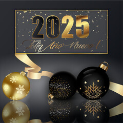 tarjeta o pancarta para desear un Feliz Año Nuevo 2025 en dorado y negro en un rectángulo dorado con confeti dorado sobre un fondo gris degradado con bolas navideñas doradas y negras