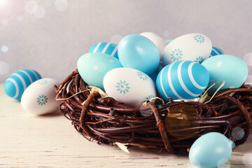Easter background with blue eggs. Easter card - 752522775