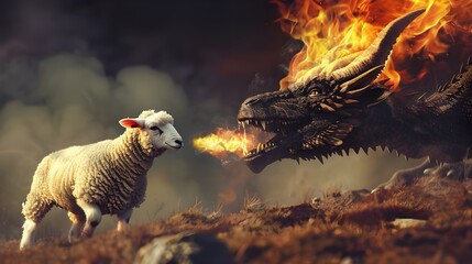 A fearless sheep remains completely unphased as a mythical dragon breathes fire nearby, embodying resilience in the face of danger - obrazy, fototapety, plakaty