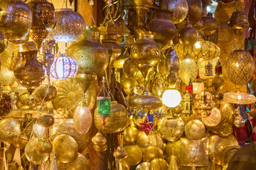 Shaining moroccan metal lamps in the shop in medina of Marrakesh, Morocco