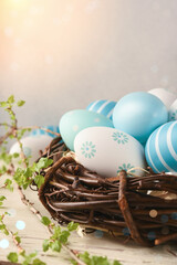 Easter background with blue eggs. Easter card - 752522962