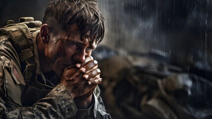 A poignant photo captures the silent struggle of an adult soldier grappling with PTSD, bowing his head with clasped hands, battling inner demons.