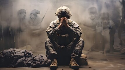 A poignant photo captures the silent struggle of an adult soldier grappling with PTSD, bowing his head with clasped hands, battling inner demons.