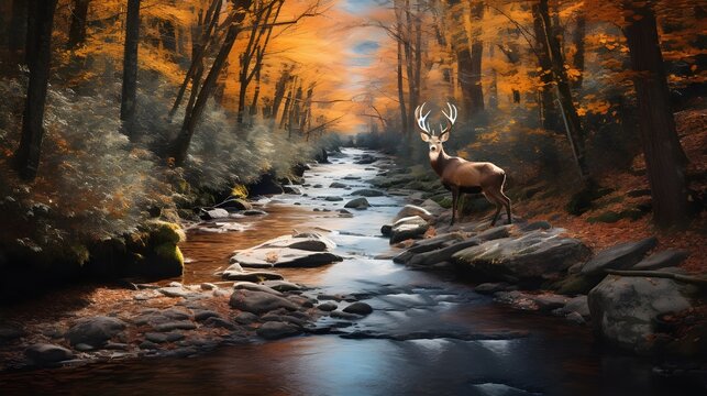 Captivating image of a majestic deer by a mountain stream in fall. Lush foliage and serene waters create a stunning backdrop, perfect for nature and wildlife enthusiasts.