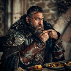 Rough and strong man from the Viking age bloodied after battle and eating - obrazy, fototapety, plakaty