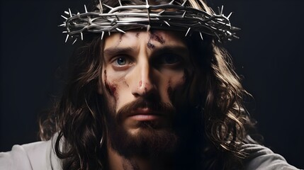Intense closeup captures Jesus in agony, bloodied from crucifixion, wearing a crown of thorns, evoking profound emotion and reverence. - obrazy, fototapety, plakaty