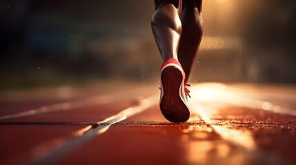 The feet of a runner in motion on a track lane, showcasing athleticism, speed, and determination in pursuit of fitness and victory - obrazy, fototapety, plakaty