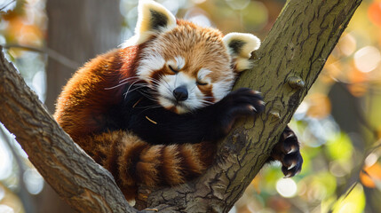 Sleepy baby red panda resting on a branch.