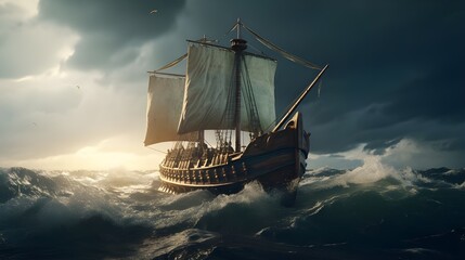 A sailing ship navigates through rough waters, facing the challenges of the stormy sea on its adventurous voyage - obrazy, fototapety, plakaty