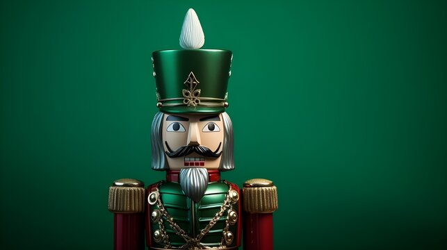 A festive nutcracker Christmas decoration stands against a solid green background, adding a touch of holiday cheer