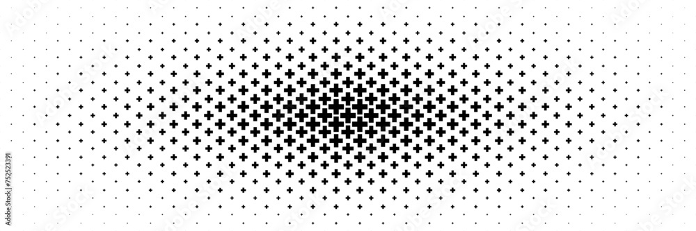 Poster horizontal halftone of black cross or plus design for pattern and background.