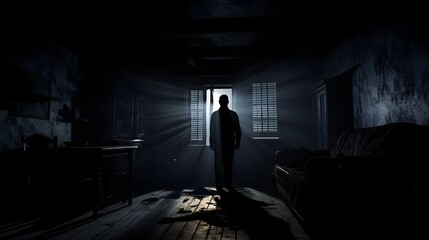A shadowy figure stands before a window, evoking fear and suspense in this cinematic thriller setting