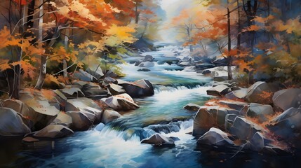 a scenic mountain stream amidst beautiful fall foliage. Vivid colors and tranquil waters create a breathtaking, serene landscape perfect for any nature lover's collection