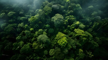 Naklejka na ściany i meble Wide-angle aerial view of a lush rainforest river, showcasing vibrant greenery and serenity