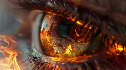 Foto op Aluminium A surreal photo captures a human eye, with flames and fire reflected, evoking intense emotion and curiosity through abstract perspective © Stacy