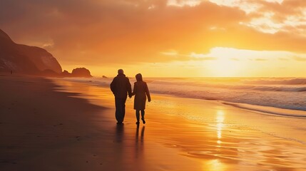 Fototapeta na wymiar A retired couple walks hand in hand on the beach at sunset, embracing the serenity and love of their golden years together