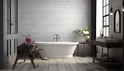 A serene and modern bathroom with white brick walls, an elegant bathtub, and wooden flooring, creating a calm and relaxing atmosphere.