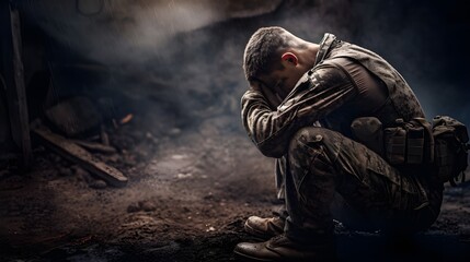 A poignant photo captures the silent struggle of an adult soldier grappling with PTSD, bowing his head with clasped hands, battling inner demons.