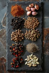 Obraz na płótnie Canvas Assorted spices on slate background showcasing variety and flavor