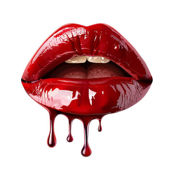 Open female red lips with dripping red lip gloss on an isolated background
