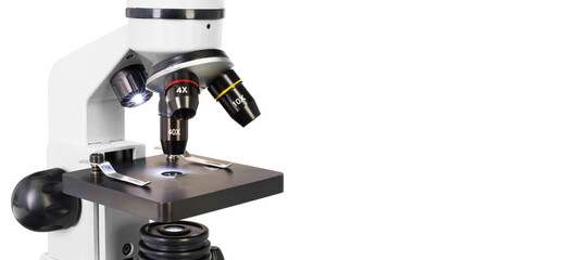 Professional laboratory microscope on white background