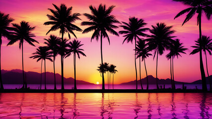 Fototapeta premium Imagine a vibrant tropical sunset painting the sky with hues of orange, pink, and purple. Palm trees silhouette against the vivid backdrop, creating a paradise scene