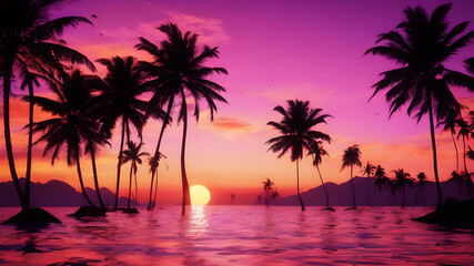 Fototapeta na wymiar Imagine a vibrant tropical sunset painting the sky with hues of orange, pink, and purple. Palm trees silhouette against the vivid backdrop, creating a paradise scene
