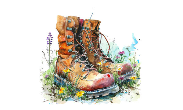 watercolor boots in grass and flowers clip art preview