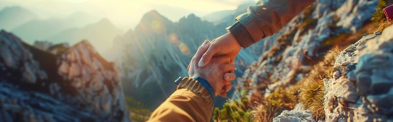 Close-up hands of adventurer helping each other to climb the mountain - obrazy, fototapety, plakaty