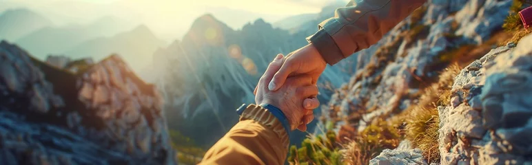 Wandaufkleber Close-up hands of adventurer helping each other to climb the mountain © vita555
