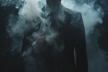 Businessman, suit and smoke in dark studio for corporate fashion, mafia aesthetic and success. Young model, man and smoking to hide face in secret for crime boss, vintage hand by black background - obrazy, fototapety, plakaty