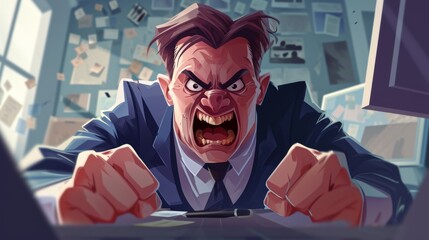 Angry businessman with a laptop in the office - obrazy, fototapety, plakaty