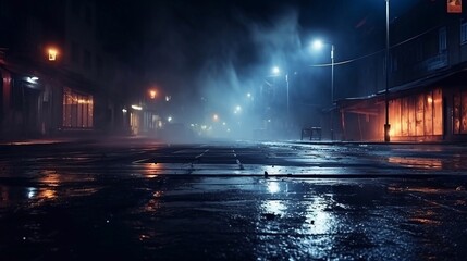 Dark empty space, blue and red neon spotlight, wet asphalt, smoke, night view street, rays....