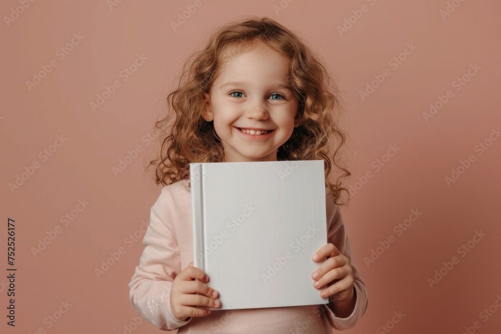 Wall mural child is holding a mockup of a white book