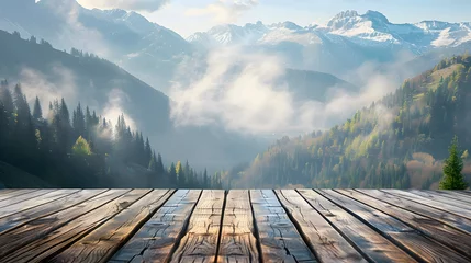 Rolgordijnen Wooden table top with the mountain landscape © Prasanth